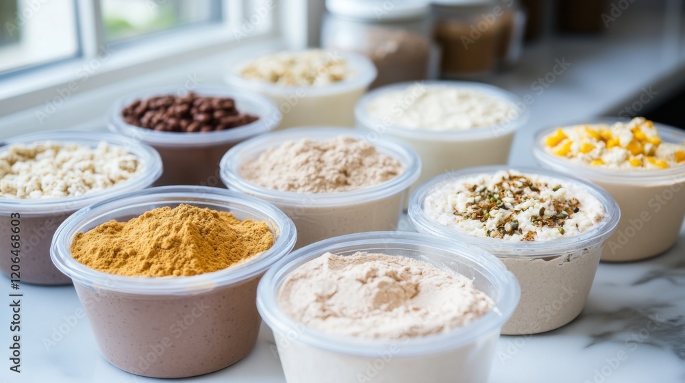 Poster assorted colorful powders in clear containers arranged neatly on a kitchen counter by a window