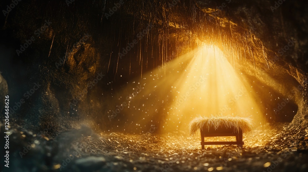 Poster a tranquil cave scene featuring a glowing manger with beams of light shining through, enhancing the 