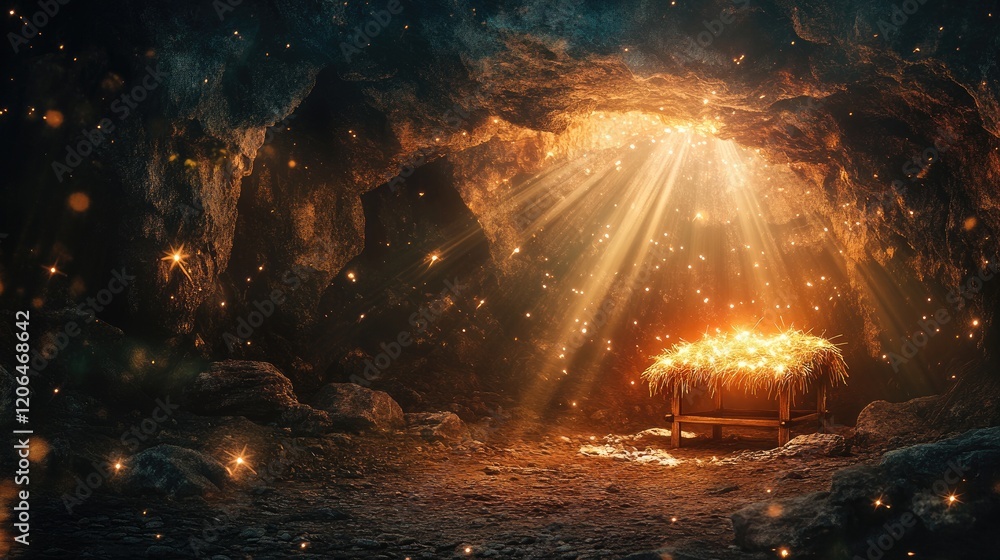 Poster a tranquil cave scene featuring a glowing manger with beams of light shining through, enhancing the 
