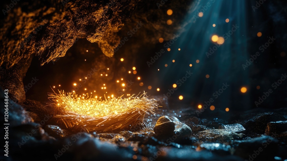 Poster a tranquil cave scene featuring a glowing manger with beams of light shining through, enhancing the 