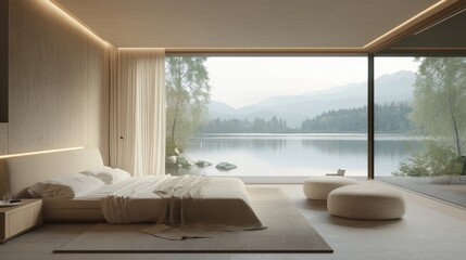 Fototapeta premium A tranquil bedroom with soft neutral tones, minimalist furniture, and large windows offering a breathtaking view of a scenic lake