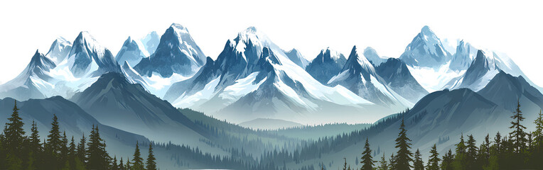 Fototapeta premium Majestic Snow-Capped Mountain Range with Misty Forest and Evergreen Trees - Nature's Serenity and Scenic Wilderness Landscape