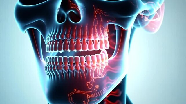 3D x-ray illustration of human oral cavity features, showing teeth, palate, and uvula