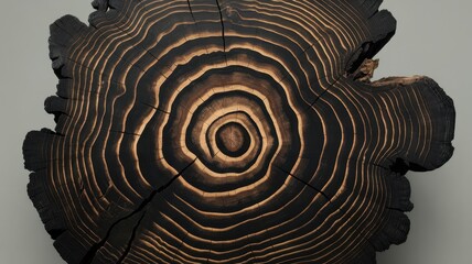 A close-up view of a beautifully charred tree stump, showcasing intricate concentric growth rings that reveal the age and history of the tree.