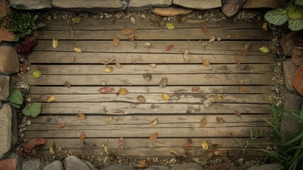 Naklejka premium A serene wooden pathway adorned with colorful autumn leaves, surrounded by natural stones and greenery.