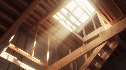 The frame of a new wooden house under construction, with natural light pouring in and highlighting the exposed beams, offering a fresh perspective of the building process