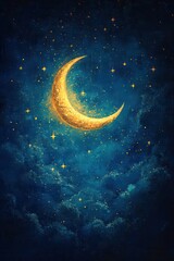 Golden Crescent Moon in a Starry Night Sky: A Dreamlike Celestial Scene