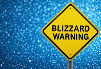 Bright yellow sign warns of blizzard conditions against a sparkling blue background, symbolizing severe winter weather alerts.