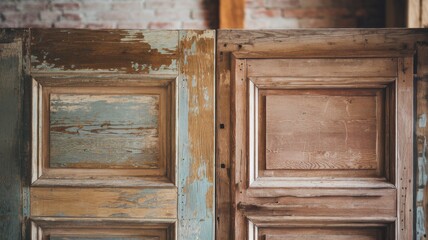 Two vintage wooden doors with intricate panel designs, showcasing weathered paint and natural wood textures, adding rustic charm to any interior.