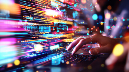 person typing on laptop with colorful digital data streams