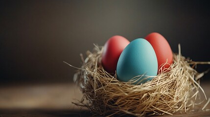 Colorful easter eggs resting in a bird's nest on a rustic wooden table