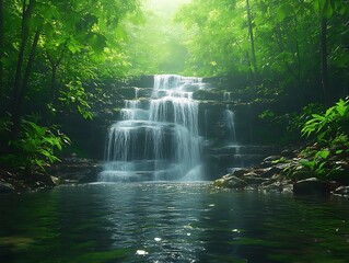 Serene waterfall cascading through lush green forest.