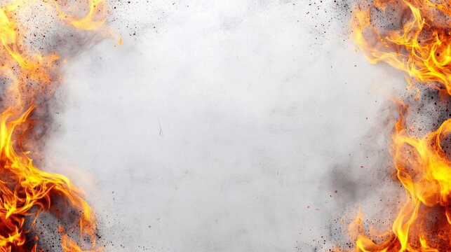 Realistic fire flames and smoke bordering a blank concrete background