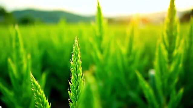 Sunlit vibrant green foxtail grass plants reaching upward in a field with a blurred background