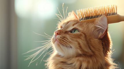 fluffy cat enjoys gentle grooming session with wooden brush