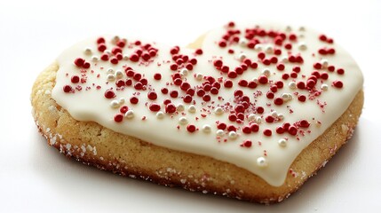 Heart-shaped cookie decorated with white icing and red and white sprinkles
