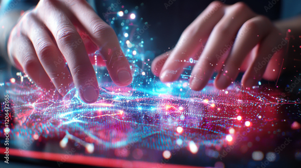 Poster hands interacting with digital interface, displaying vibrant data visualization