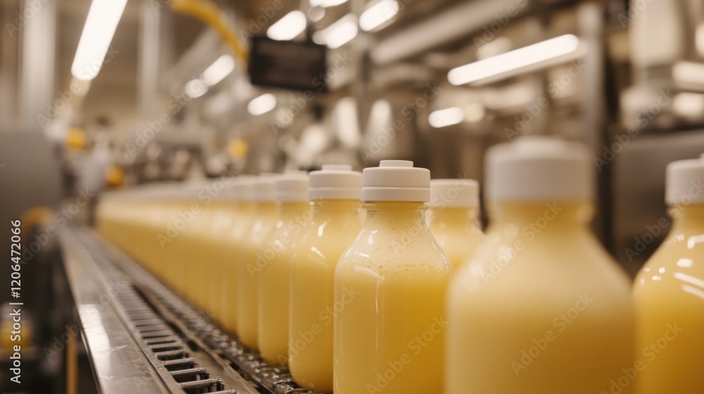 Poster bottles of fresh juice on a production line in a modern factory with machinery in the background