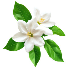 Two Delicate White Blossoms with Lush Green Leaves Isolated on White Background