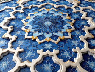 Intricate Blue and Gold Geometric Mosaic: A Luxurious Digital Rendering of Ornate Islamic-Inspired Design