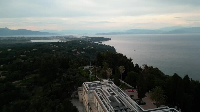 Achillion Palace Corfu View of the statue of Achilles drone footage.