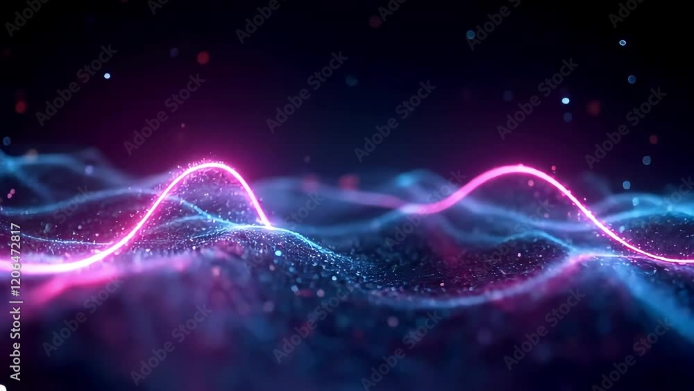 Poster abstract digital waves of pink light flowing over a textured blue surface with scattered particles c