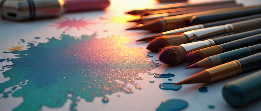 Wide art studio background with assorted paint brushes on paint splattered canvas