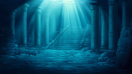 Underwater ruins with pillars and stairs. Ocean Depths. Illustration