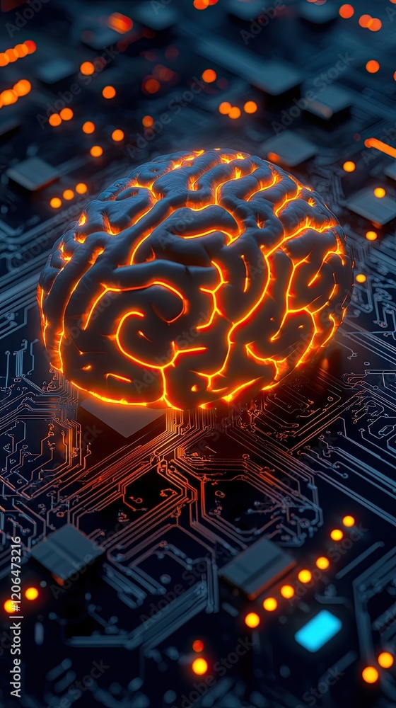 Poster conceptual depiction of a glowing brain sitting on a circuit board illustrating the connection betwe