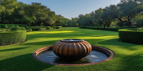 Serene garden fountain with manicured lawn and hedges.