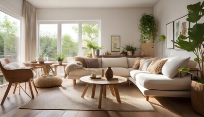Fototapeta premium Minimalist Living Room Featuring a Neutral Color Scheme and Comfortable Sofa