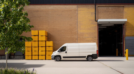 White delivery van parked by industrial warehouse with yellow crates stacked outside