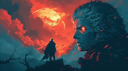 Lone warrior confronts fiery giant, blood moon backdrop; fantasy game art