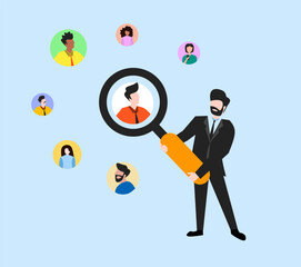 business man holding a magnifying glass hiring employee illustration for officer