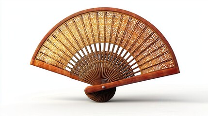 Intricately Carved Wooden Hand Fan with Golden Brown Hues and Delicate Latticework on White Background