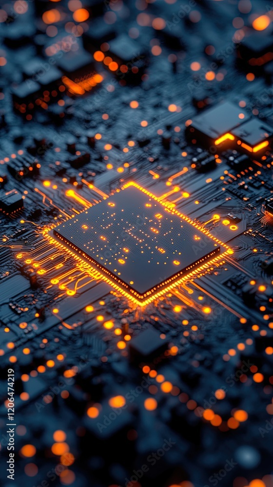 Poster intricate microchip design illuminated by glowing circuits and lights in a close-up shot