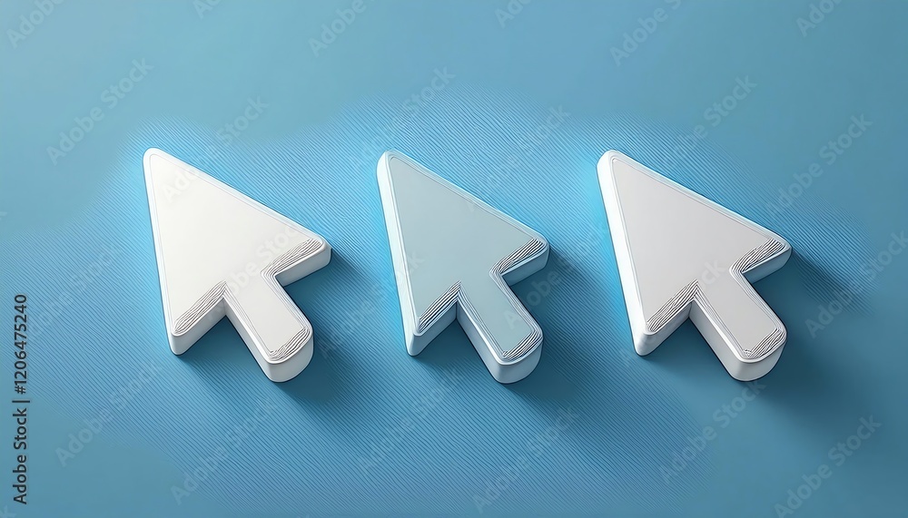 Poster three cursor arrow icons in varying shades of white on a soft blue background, symbolizing navigatio