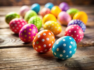 Fototapeta premium Festive Colorful Polka Dot Eggs on Rustic Wooden Surface