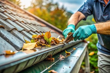 High-Depth-of-Field Image: Man Cleaning Rain Gutter Leaves on Roof