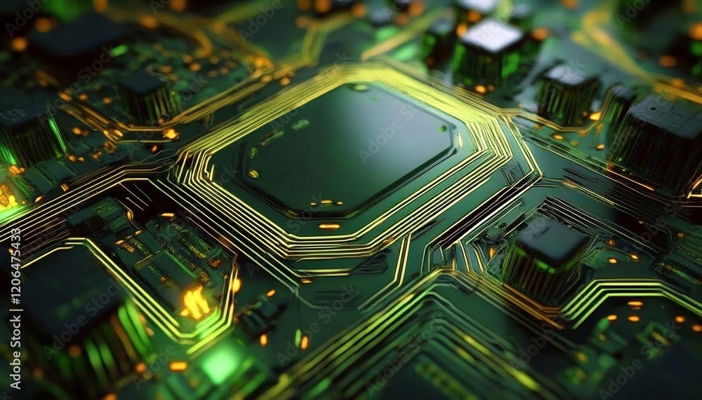 Poster a close-up view of a green and gold circuit board showcasing intricate pathways and components, high