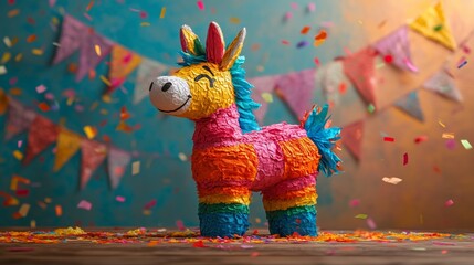 Vibrant сolorful donkey pinata standing on a wooden table with a festive background with papel picado banners surrounded by bright confetti. Cinco de Mayo.