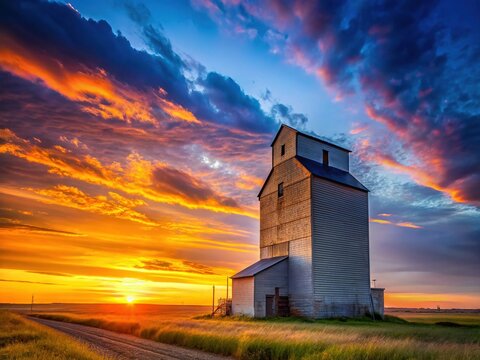 Silhouette of a Grain Elevator at Sunset, Saskatchewan Prairies