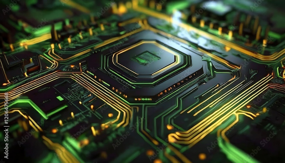 Poster a close-up view of a futuristic circuit board with intricate patterns, glowing lines, and a green an
