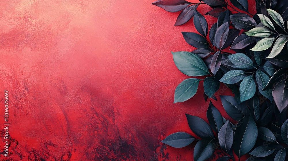 Poster Green and violet leaves creating a frame on textured red background