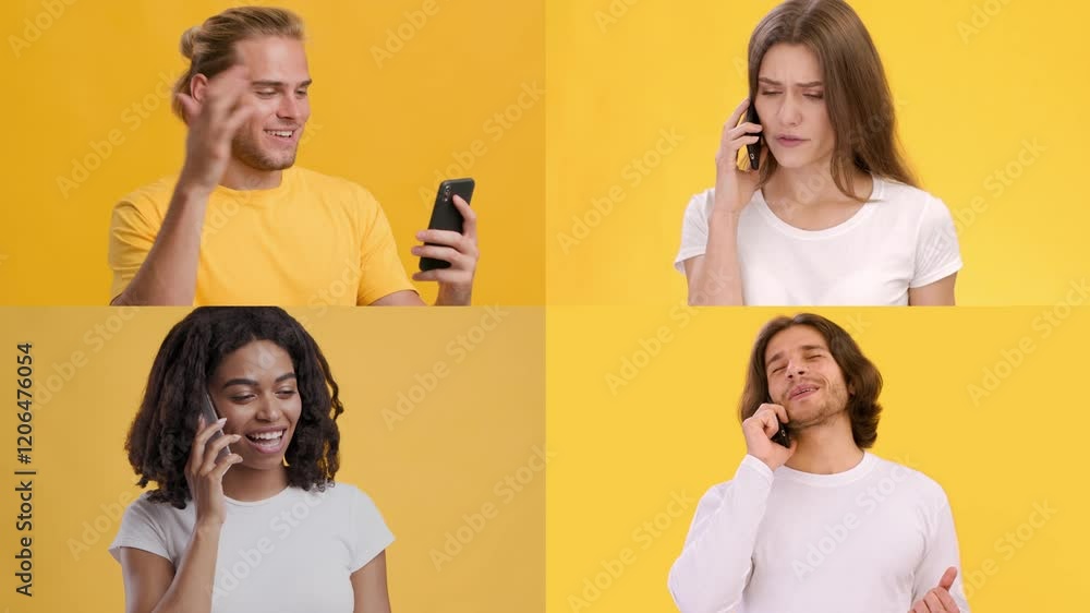 Poster four individuals are communicating on their mobile phones, showcasing diverse expressions. each pers
