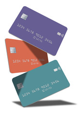 Generic mock credit cards or debit cards are seen in this 3-d illustration about banking, finance and business.
