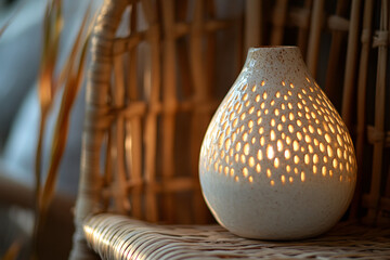 white ceramic lamp with cutout design on wicker chair