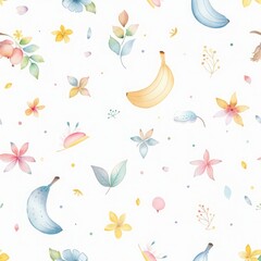 Seamless kids pattern with watercolor baby little banana drawing illustration on white background