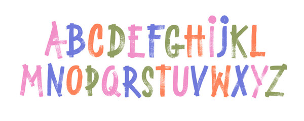 Funky grunge alphabet letters drawn with a bold brush. Colorful childish style typography.