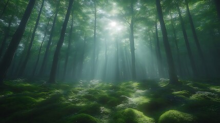 Obraz premium Sunbeams pierce a misty, mossy forest.